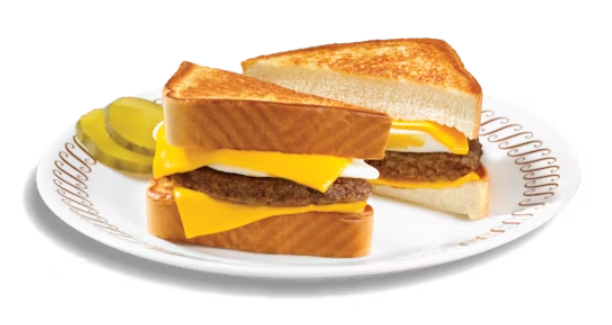 Waffle house Texas Sausage, Egg & Cheese Melt on toasted Texas bread with melted American cheese and side of hashbrowns