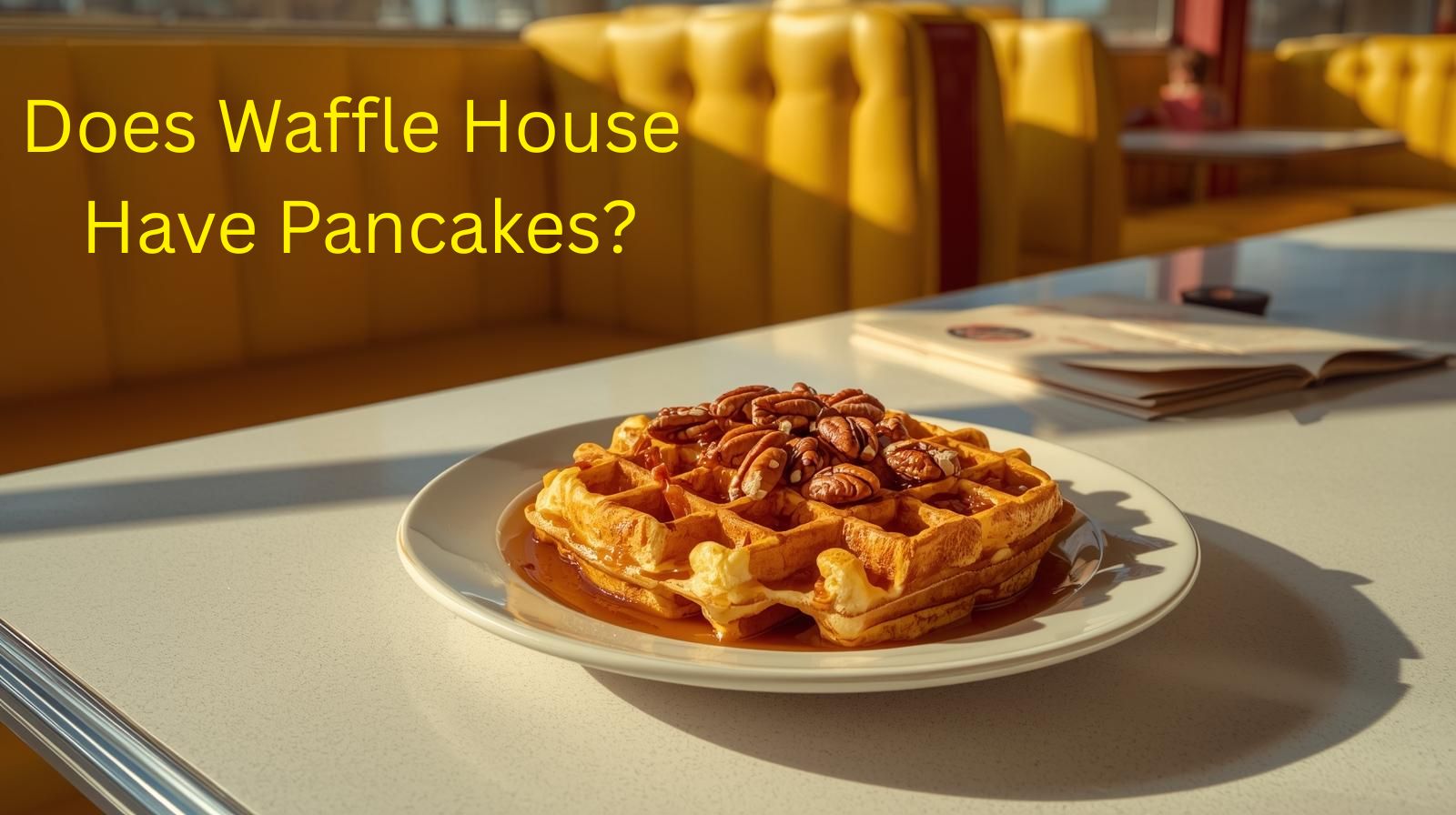 Golden, syrup-drenched waffle on a diner counter, visually answering the question: Does Waffle House have pancakes?