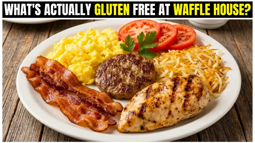 Waffle House Gluten free breakfast featuring scrambled eggs, crispy bacon, grilled sausage, chicken breast, hashbrowns, and tomatoes.