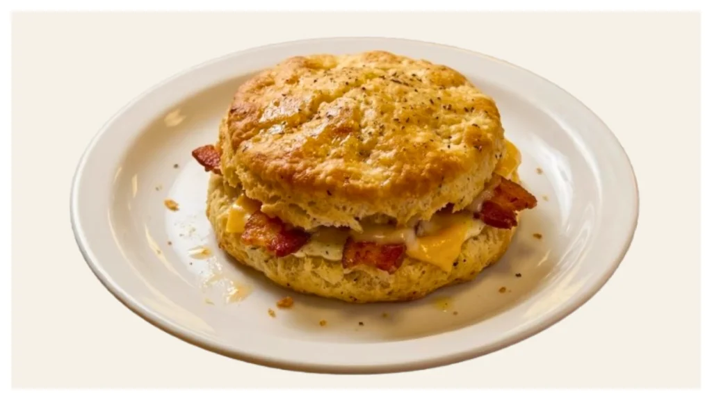 Waffle House–style chicken bacon ranch biscuit on a plate.
