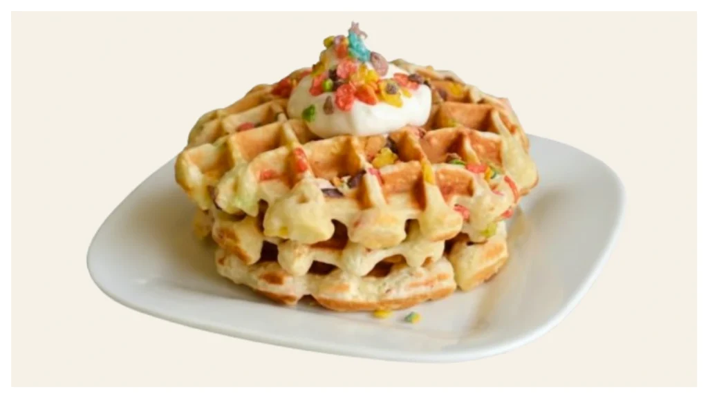 Waffle House Fruity Pebble Waffle topped with colorful cereal