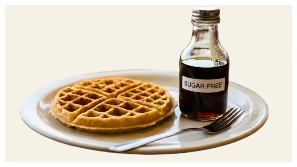 Waffle House waffle served with sugar-free syrup in a labeled diner bottle on a plate.
