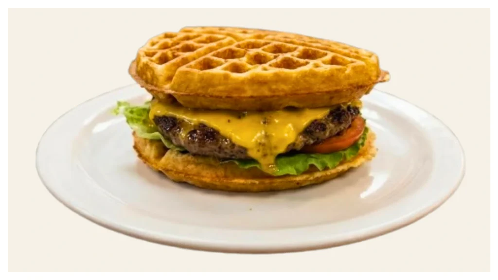 Waffle House waffle burger served on a diner plate.