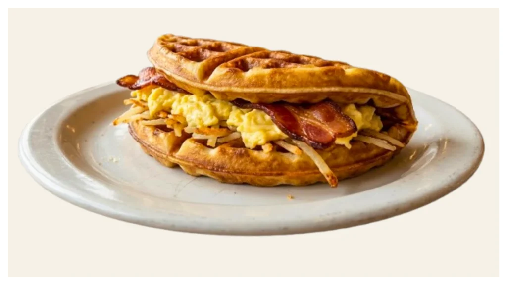 waffle taco filled with scrambled eggs, bacon, and hashbrowns.