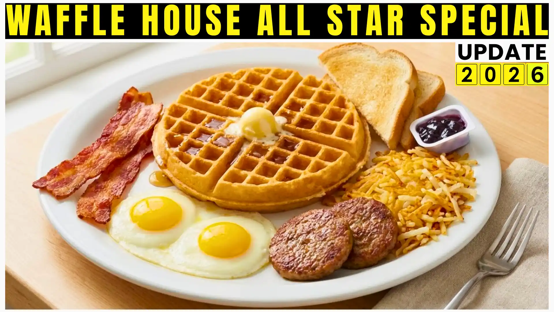 Photorealistic breakfast plate showing waffle house all star special having waffle, eggs, bacon, sausage, and toast in a diner-style setting