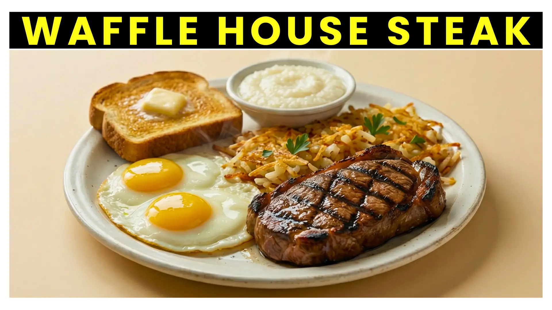 Waffle House steak breakfast plate with grilled steak, sunny side up eggs, hash browns, toast with butter, and a bowl of grits